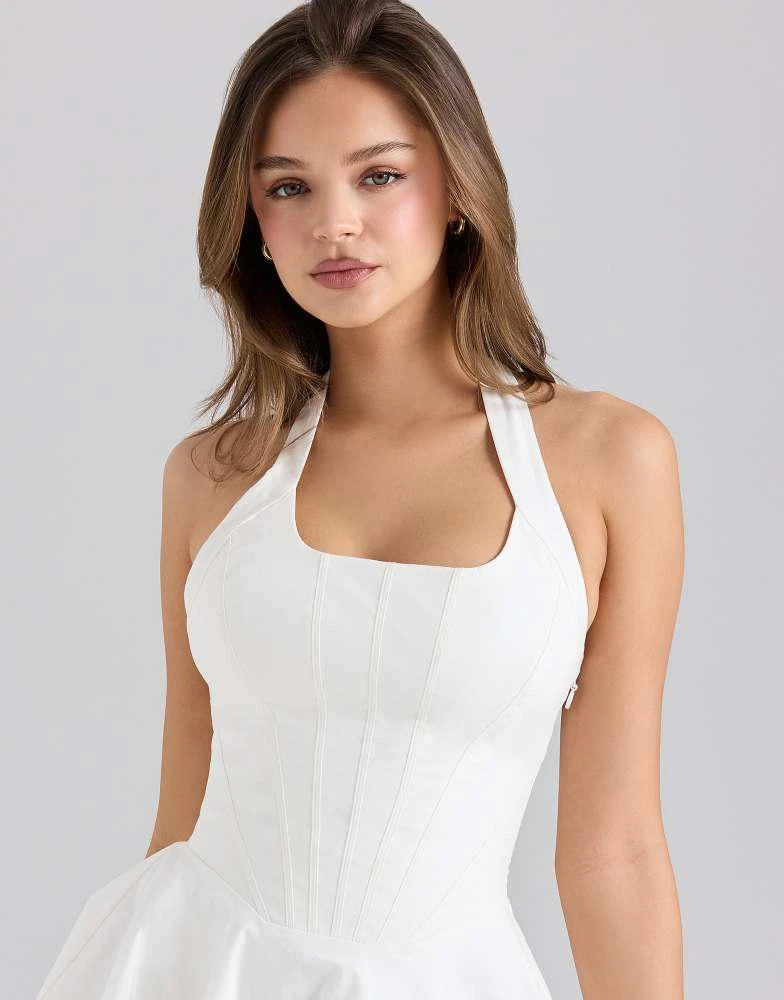 'Sasha' White Stretch Cotton Halter Neck Mini Dress