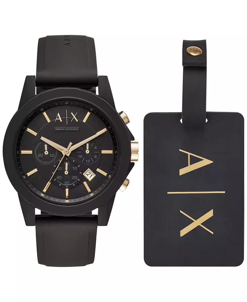 Armani Exchange Men's Chronograph  Black Silicone Strap Watch 45mm Gift Set