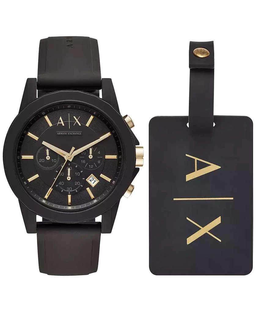 Armani Exchange Men's Chronograph  Black Silicone Strap Watch 45mm Gift Set 1
