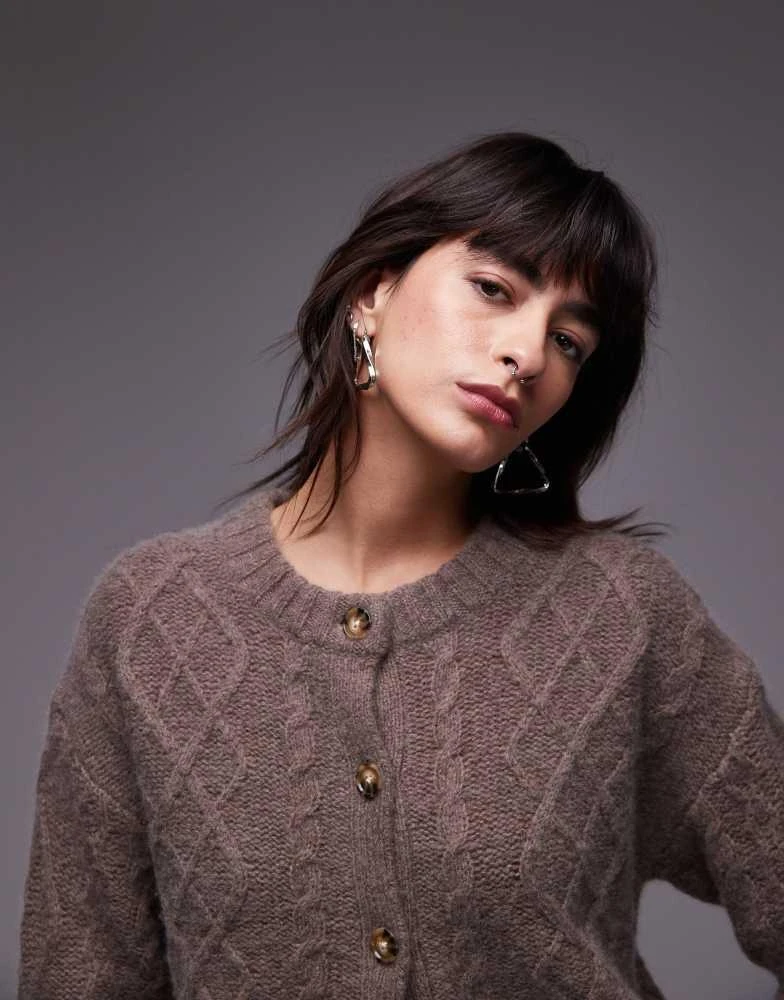 Topshop Topshop premium cashmere cable cardi in oat 2