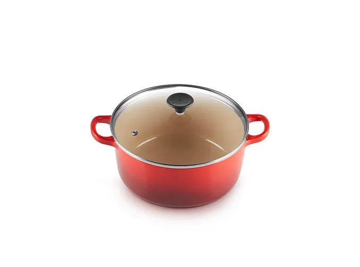 Le Creuset Cocotte ronde 22cm en fonte émaillée cerise avec couvercle en verre