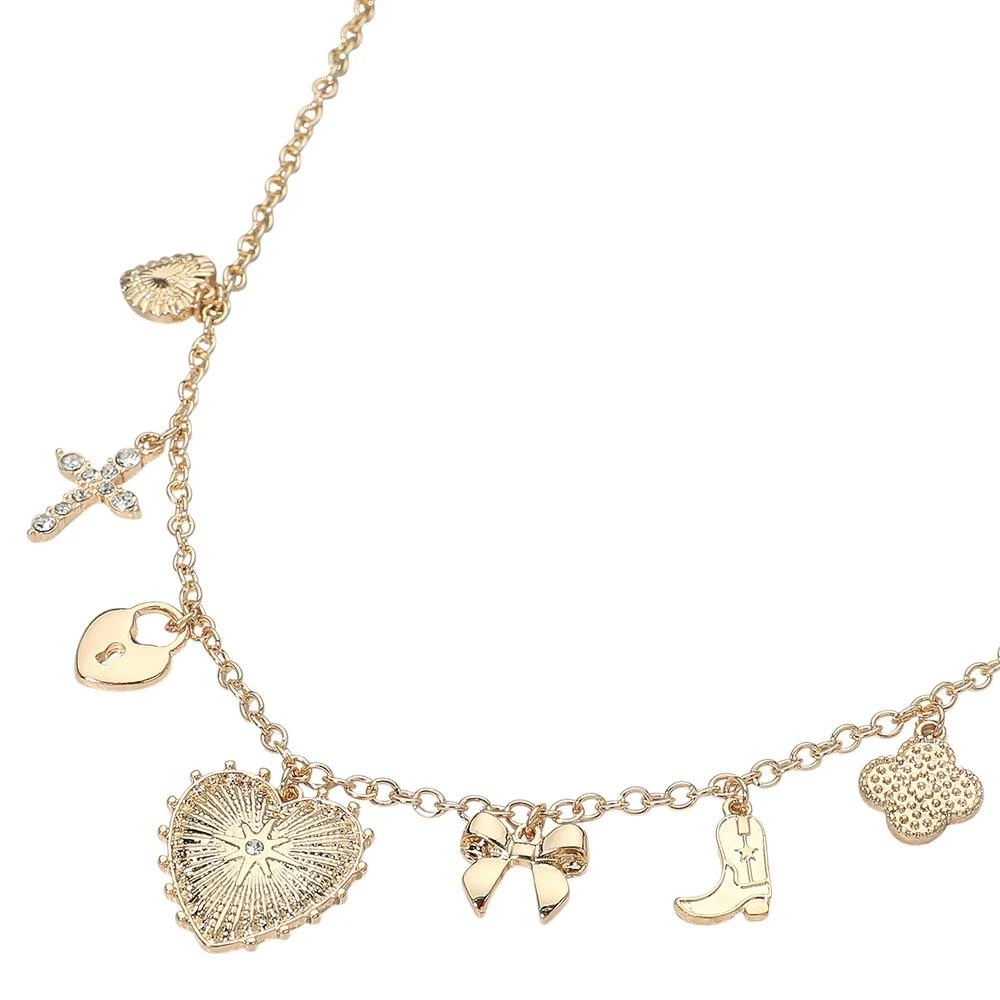 FASHNZFAB Stone Pave Textured Heart Cross Bow Western Boot Quatrefoil Charm Station Necklace 2