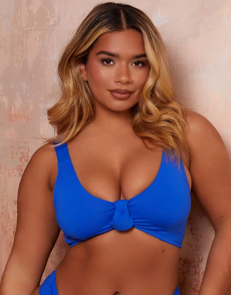 Wolf & Whistle Wolf & Whistle X Natalie Gessey Fuller Bust  bikini top in colbalt blue with knot detail straps 1