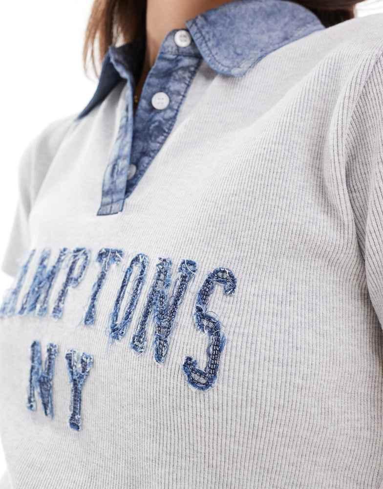 ASOS ASOS DESIGN rugby baby tee with hamptons denim applique graphic in grey marl