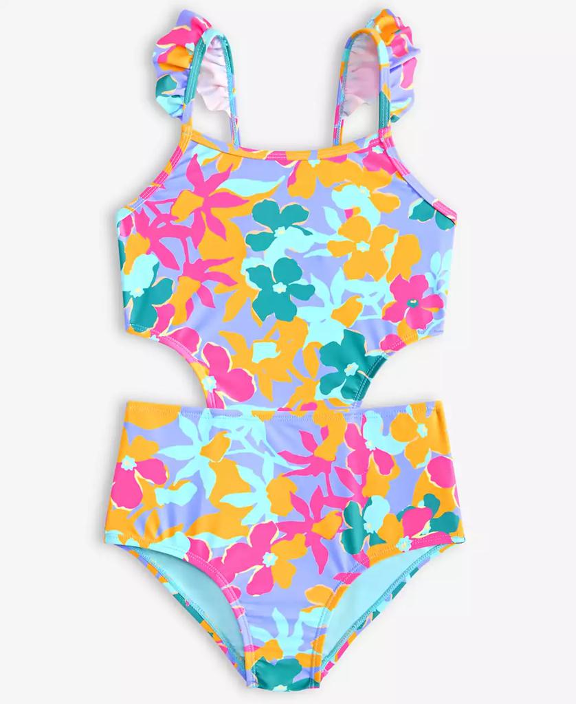 Breaking Waves Big Girls Flower Sunset Flutter-Strap Cut-Out One-Piece Swimsuit