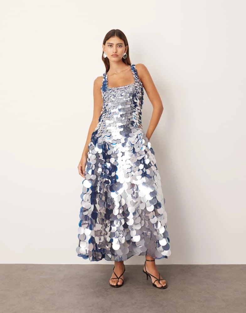 ARRANGE ARRANGE embellished disc sequin square neck full skirt midi dress in blue 1