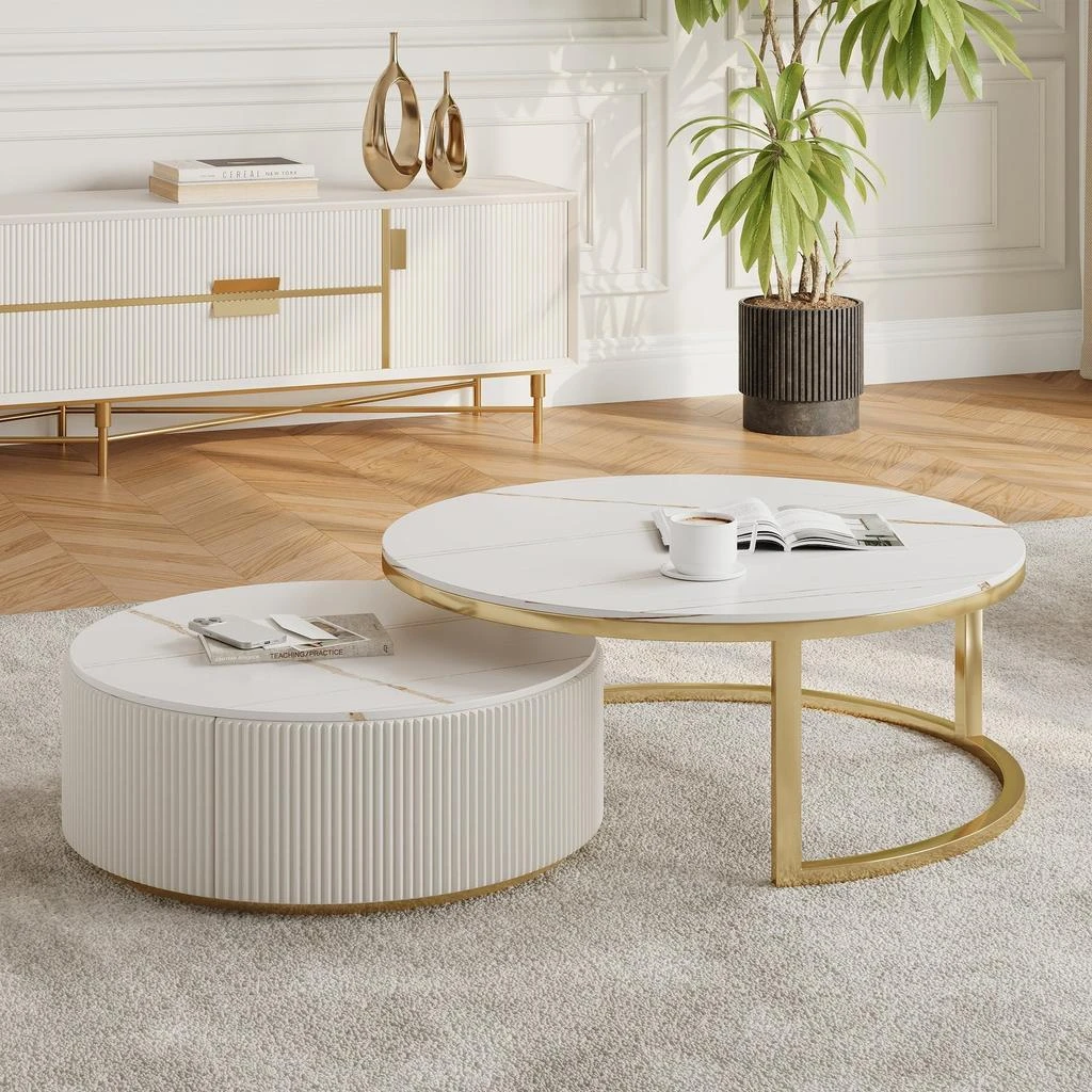 Hivvago Round 2-Piece Nesting Set Sintered Stone Top Beige Coffee Table with Drawer