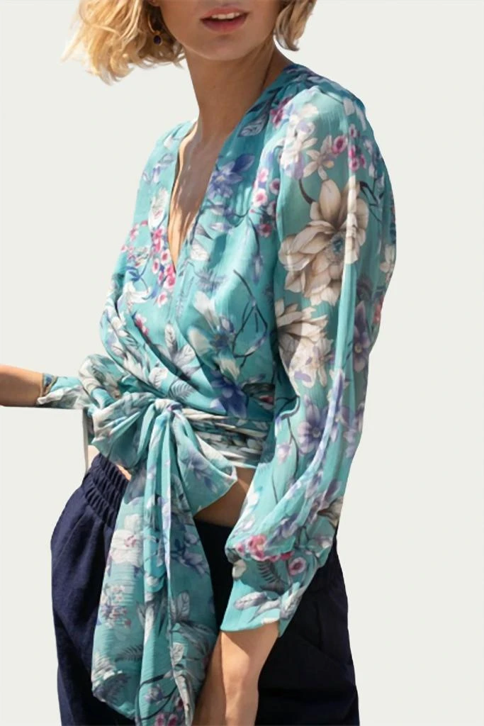 Phalaenopsis Zoe Floral-Print Georgette Wrap Blouse In Sky Blue 1