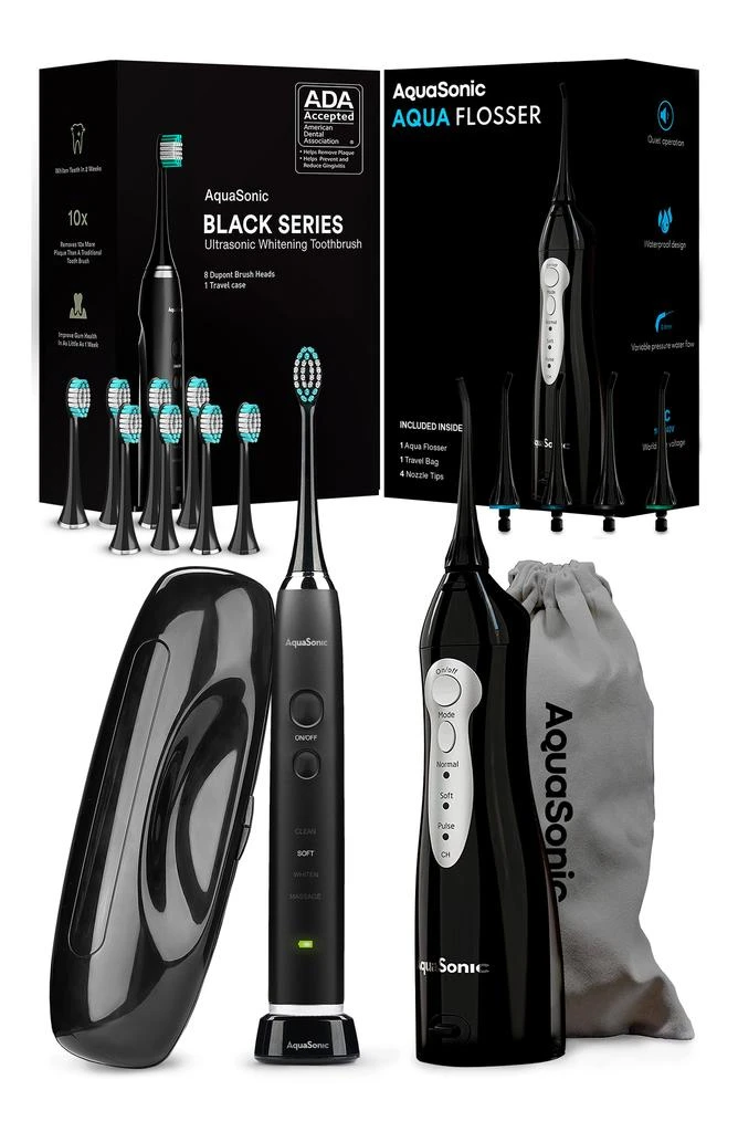 AquaSonic Black Series Toothbrush & Black Aquaflosser Bundle 1