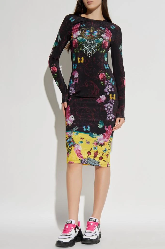 knee length dresses for ladies VERSACE WOMEN Couture Logo Print Mini Dress Black Gold  MAISONDEFASHION.COM