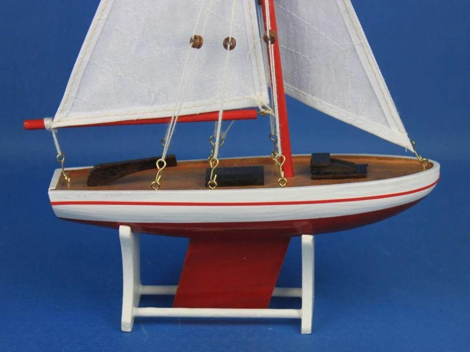 Handcrafted Cast Iron Wooden Decorative Sailboat 12" - Red Sailboat Model 5