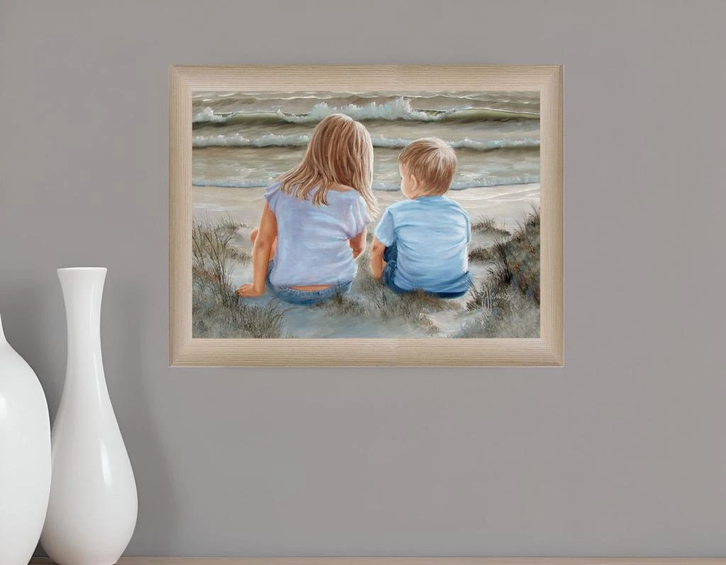 Hivvago Boy and Girl Sitting in Dunes Brown Framed Print Wall Art