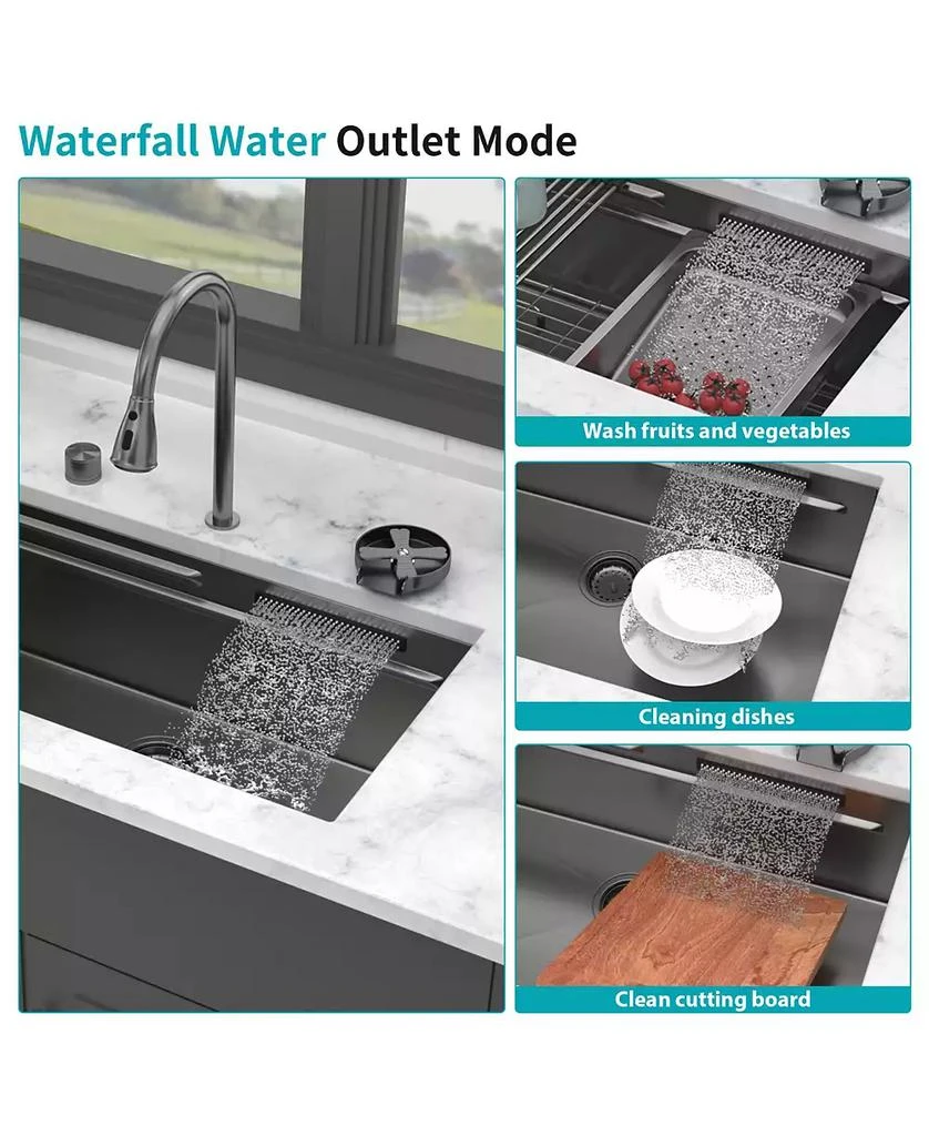 Flynama 33x16.72x10inch Undermount Gunmetal Black Waterfall Kitchen Sink Stainless Steel Workstation 6
