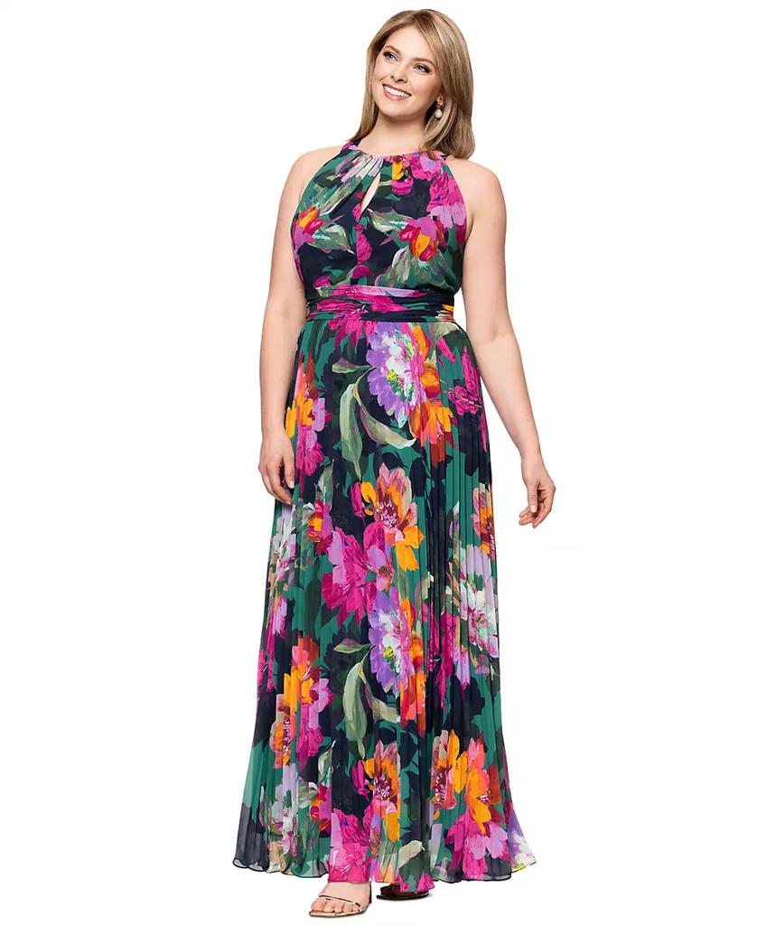 XSCAPE Plus Size Printed Halter-Neck Pleated Sleeveless Gown