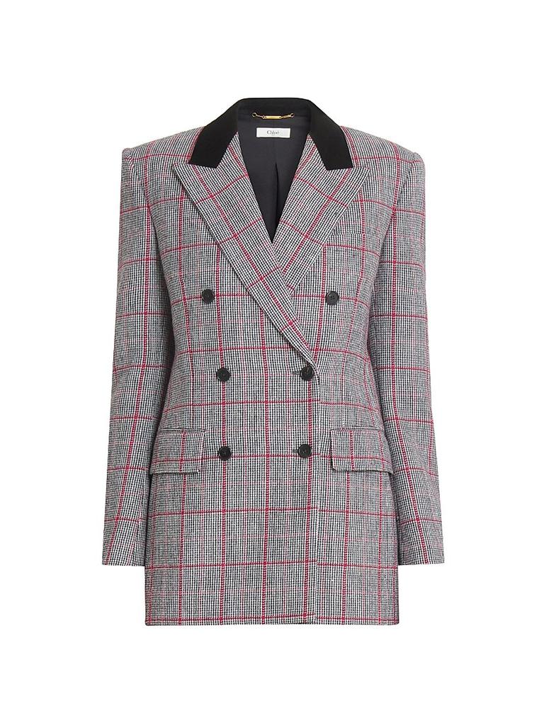 Shop BLACK/WHITE CHECKERED WOOL DOUBLE-BREASTED BLAZER on