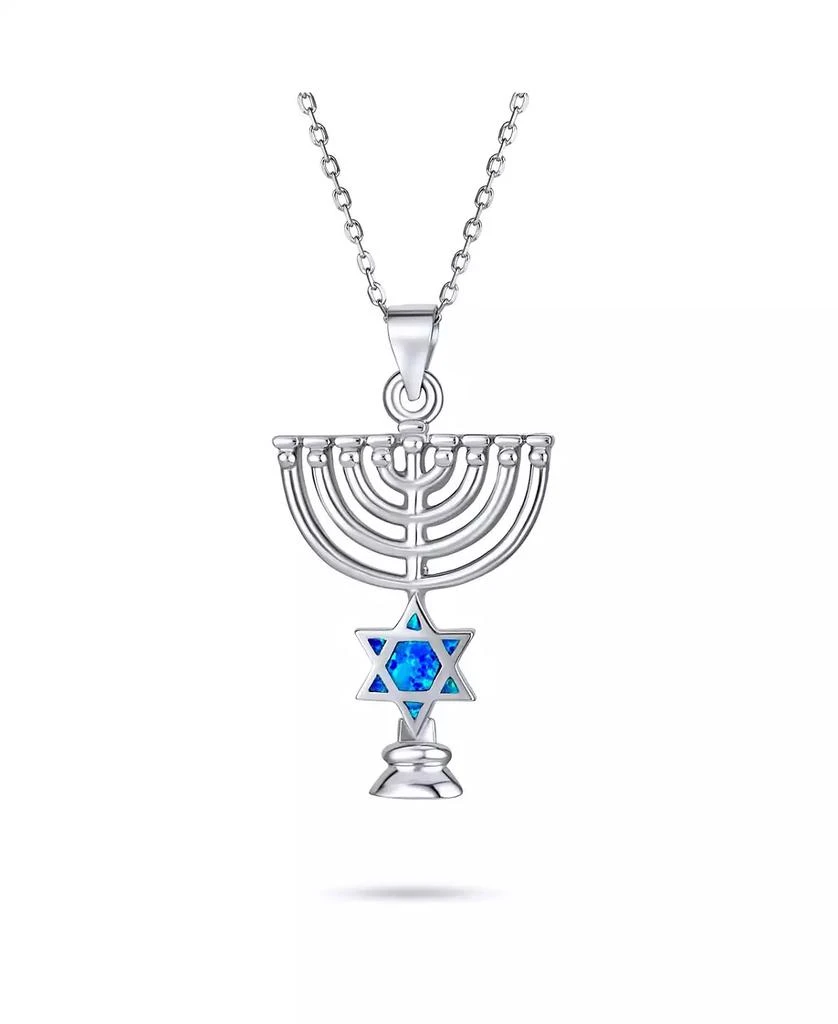 Bling Jewelry Created Blue Opal Religious Judaica Hanukkah Menorah Star Of David Pendant Necklace Bat Mitzvah Silver