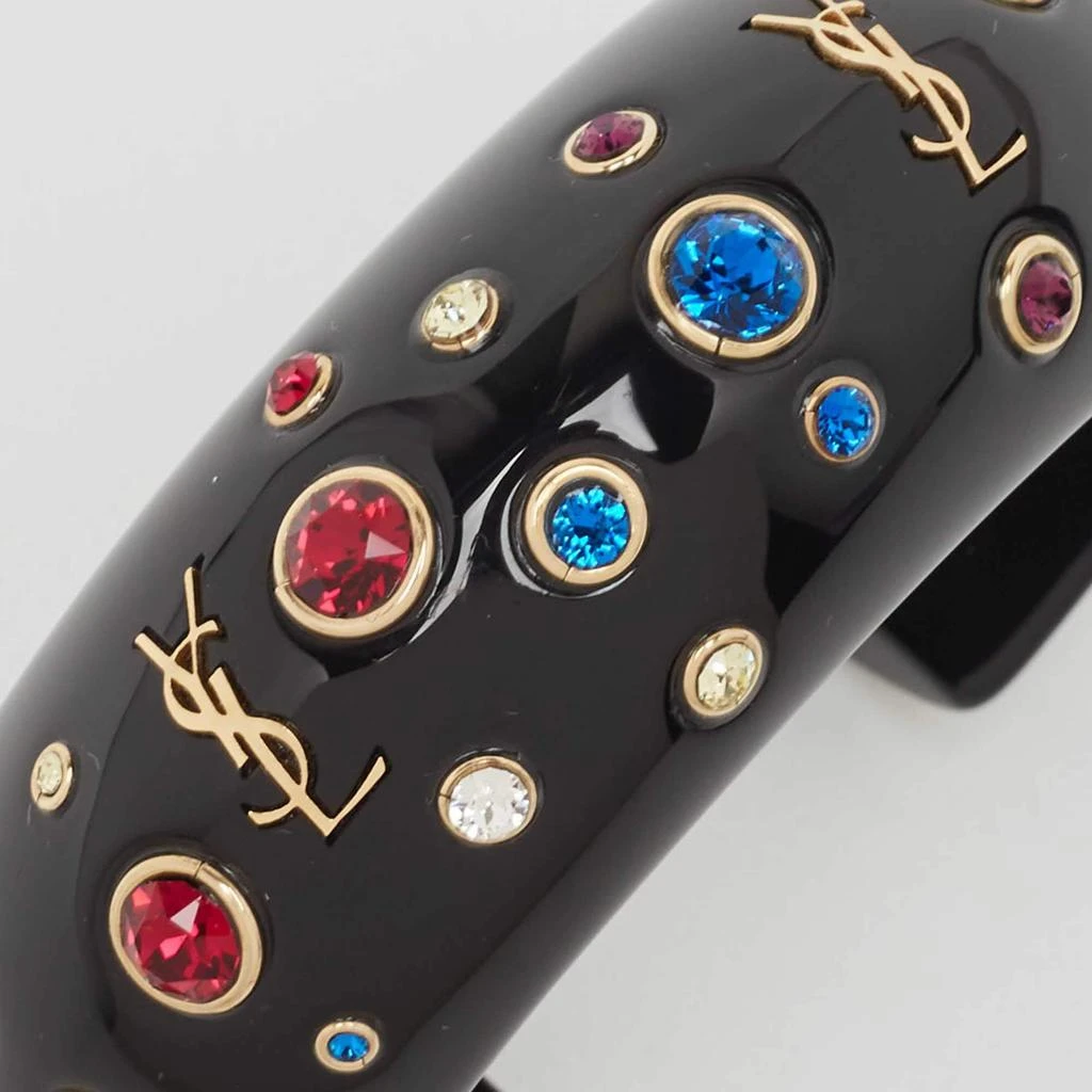 Saint Laurent Paris Saint Laurent Black Crystal Embellished Gold Tone Open Cuff Bracelet 3