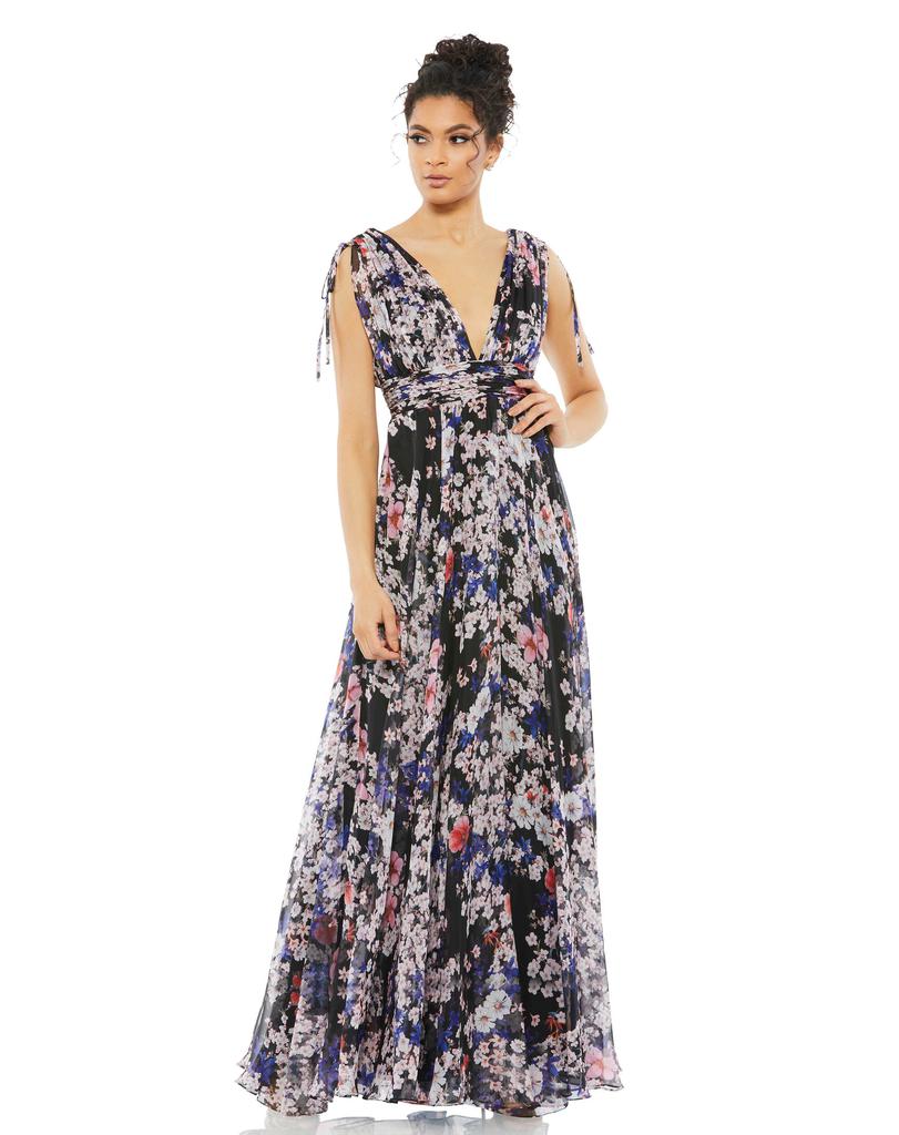 Ieena for Mac Duggal Floral Tie Shoulder V-Neck Maxi Dress