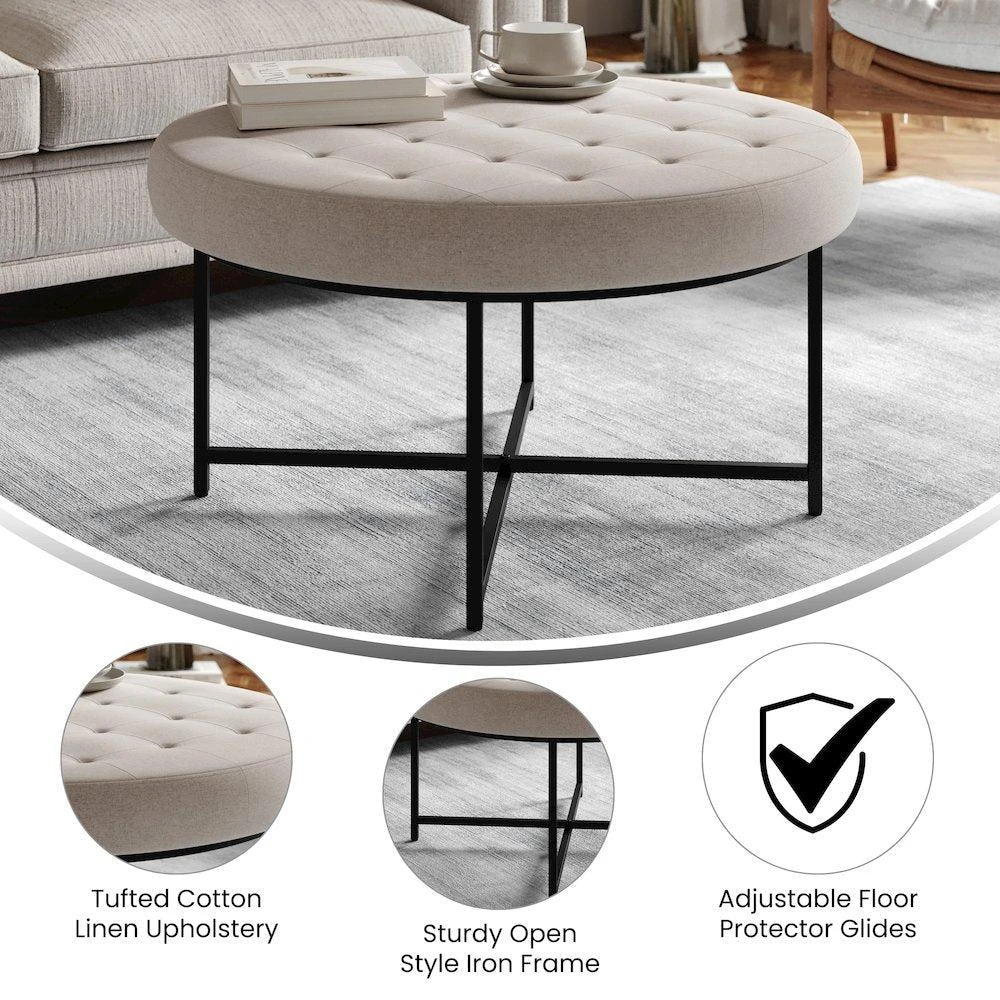 Flash Furniture 34" Round Cotton Linen Tufted Ottoman with Metal Frame, Gray Cotton Linen 4