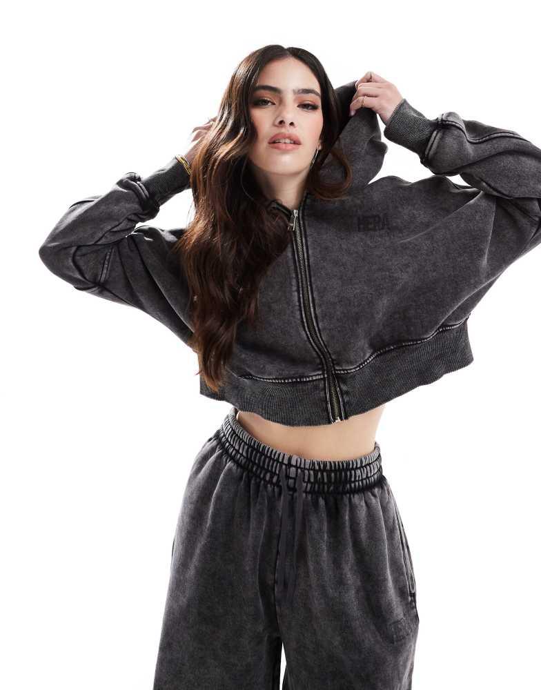 HERA Hera Womens washed cropped zip hoodie in washed black