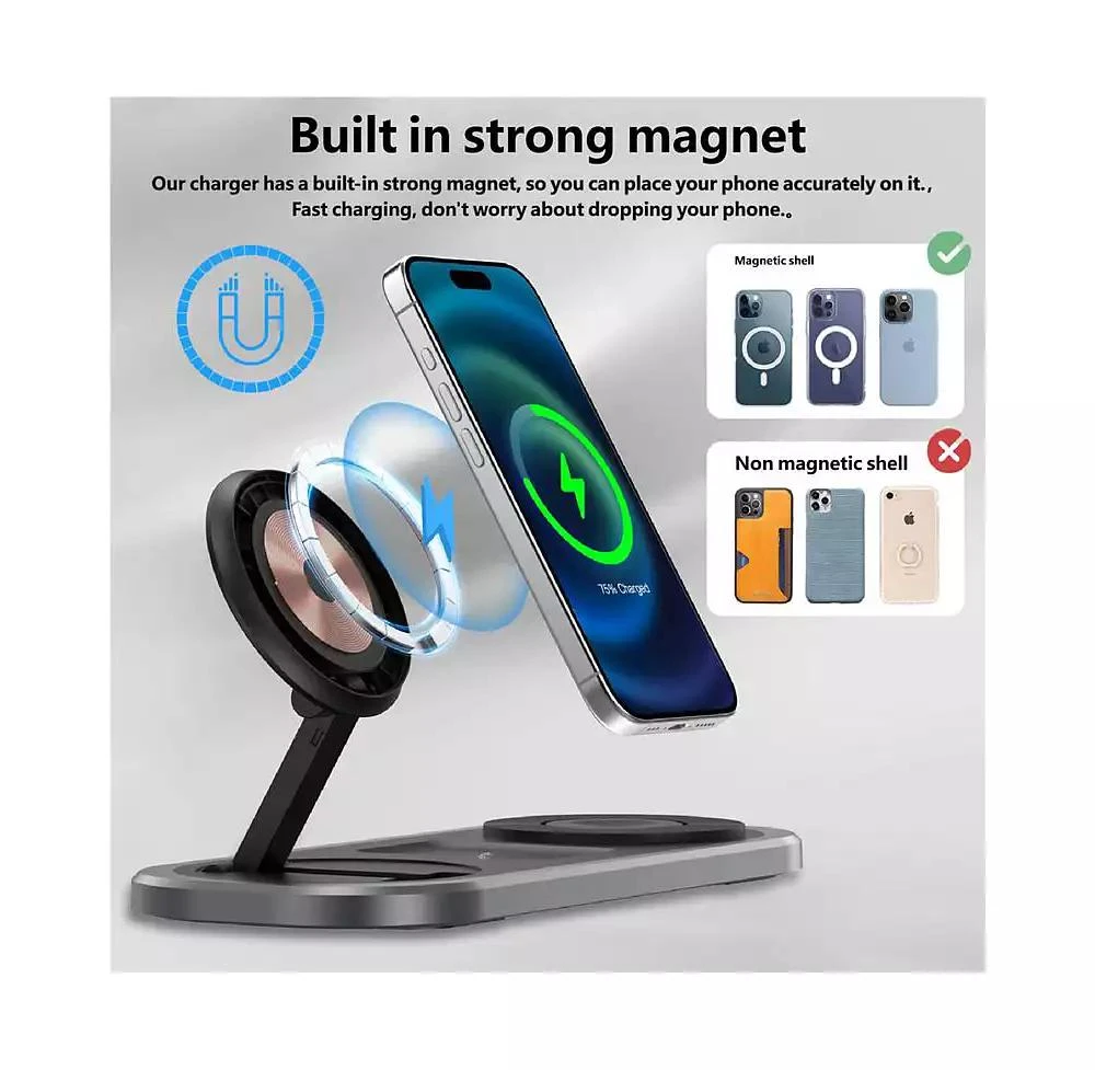 risokeys Foldable Wireless Charger - 3-in-1 Wireless Charger with Magnetic Phone,Watch and Earphone Charging Station for Desktop 3