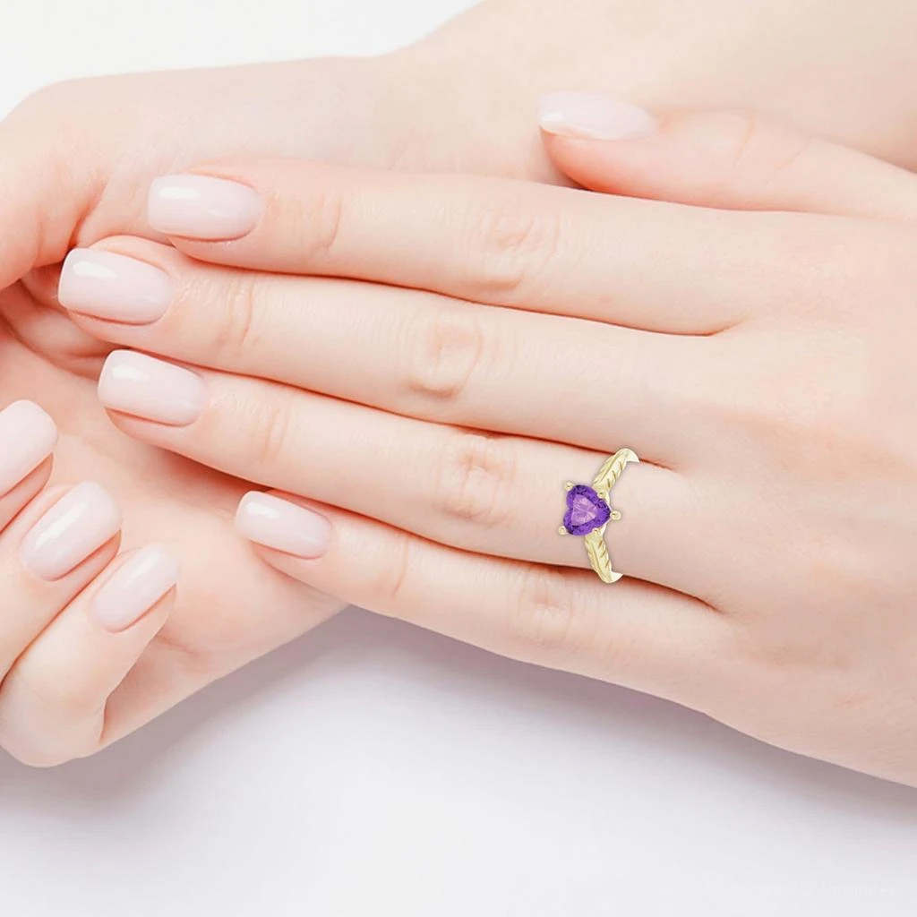 Pompeii3 7mm Amethyst Solitaire Heart Shape Leaf Accent Ring in 14k White or Yellow Gold 3