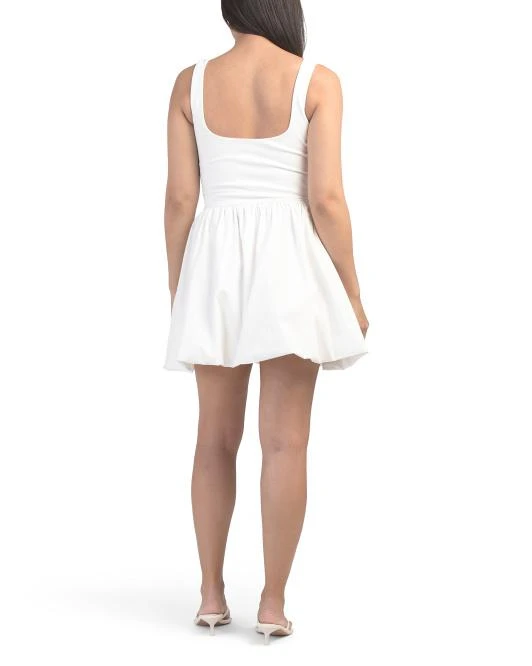 Square Neck Mixed Media Bubble Hem Mini Dress for Women | Off White | Size: M | Spandex/Rayon/Nylon Square Neck Mixed Media Bubble Hem Mini Dress for Women | Off White | Size: M | Spandex/Rayon/Nylon