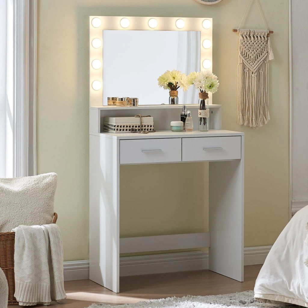 Streamdale Furniture Streamdale Vanity Desk with Mirror, Lights, Drawer 
2-Level Storage (White) 2