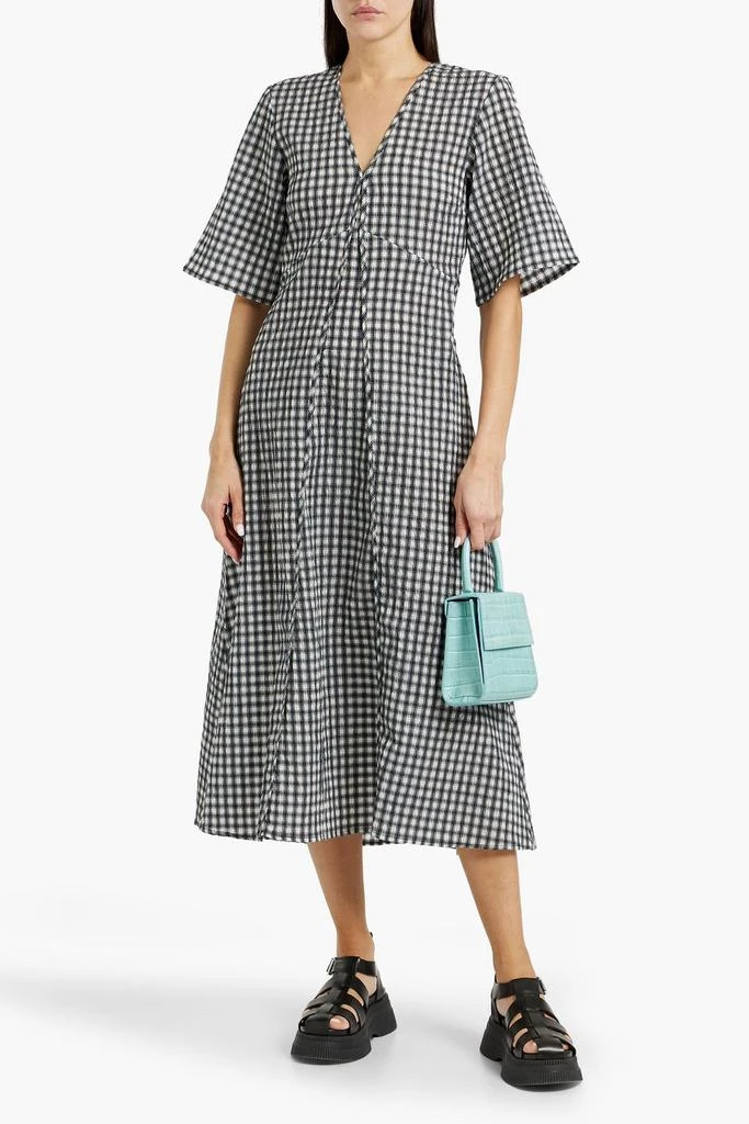 knee length dresses for ladies Seersucker Check Gathered U-Neck Midi Dress in Lagoon