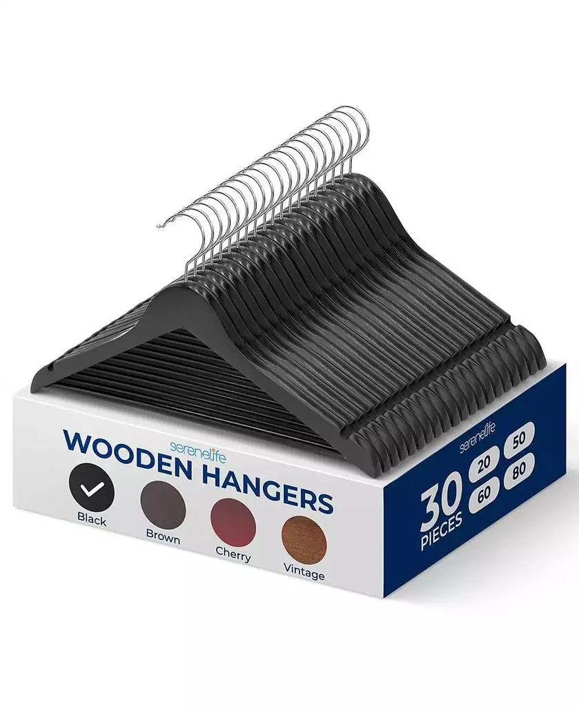 SereneLife Wooden Coat Hanger Set with 30 Durable Slim Suit Hangers, 360° Swivel Hooks, and Notches for Shirts, Jackets, and Dresses