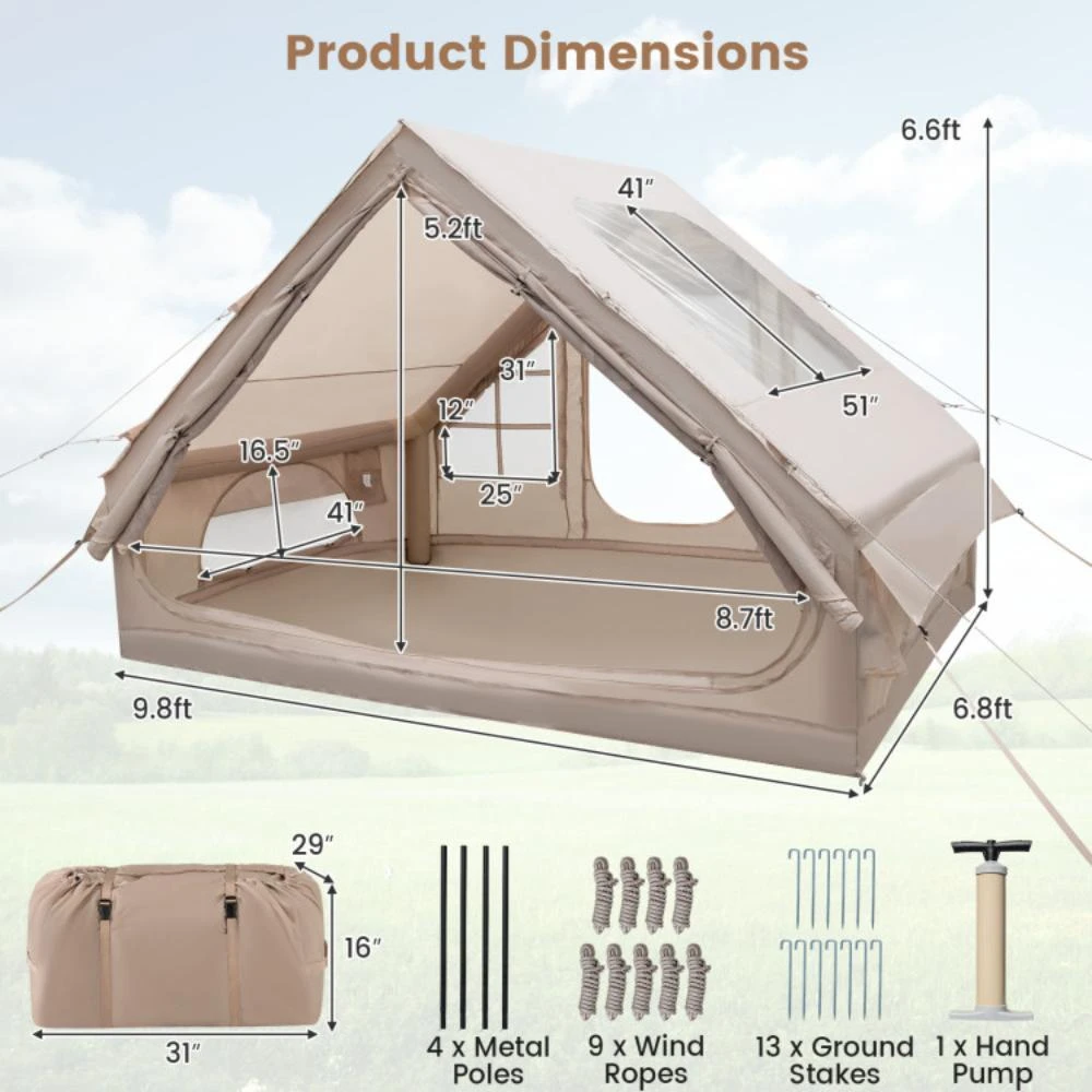 Hivvago 4-6 People Inflatable Camping Tent with Porch and Carrying Bag-Beige 6