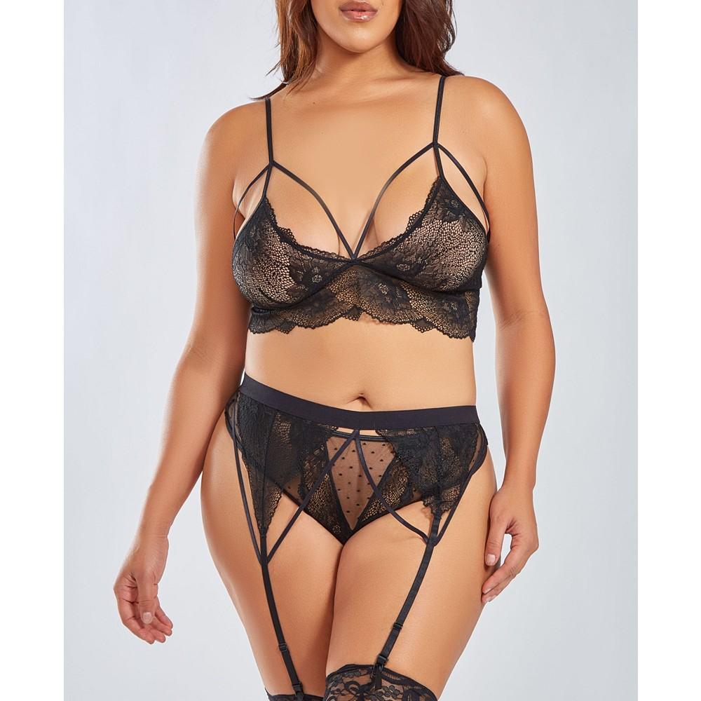 iCollection Plus Size 3 Piece Bralette, Garter Skirt and Panty Lingerie Set