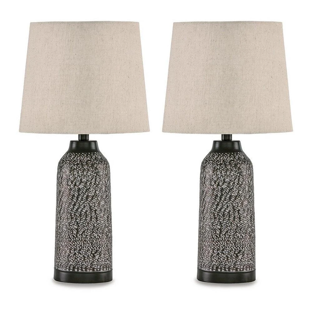 Hivvago Table Lamp Set of 2, Beige Drum Shade, Black Hammered Motif Metal Base