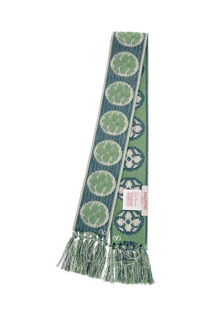 Valentino floral cotton scarf with ivory, blue, and aqua fringes