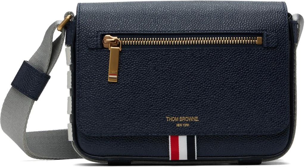 Thom Browne Navy Pebble Grain Small Reporter Bag 1