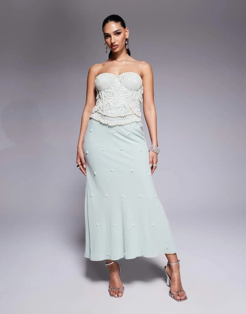 Shop ASOS DESIGN bias midi bandeau dress with pearl beading in sage green  on Sale at BeyondStyle  Get 17% Off ASOS DESIGN bias midi bandeau dress  with pearl beading in sage