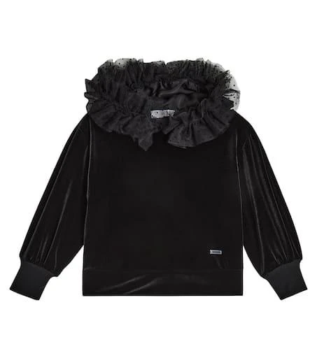 MONNALISA Tulle-trimmed velvet hoodie 1
