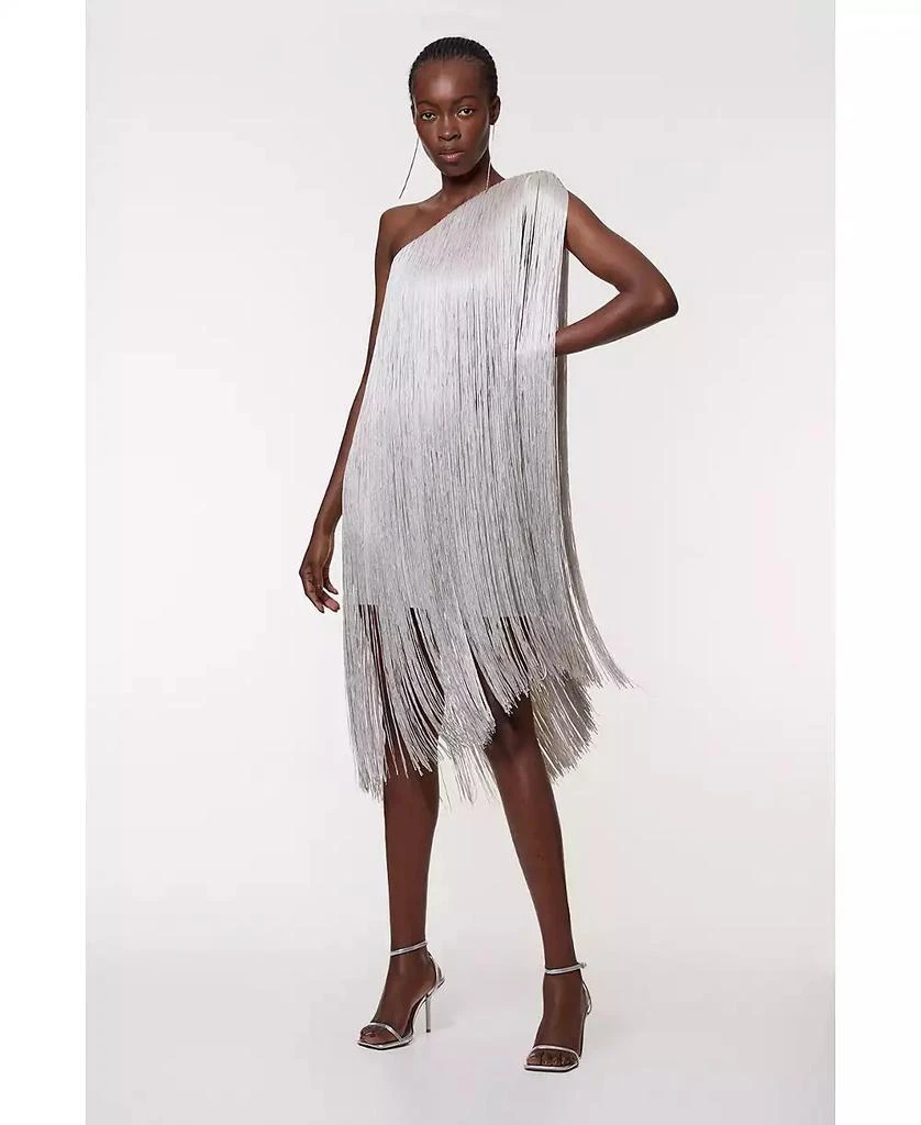 Karen Millen Petite Figure Form Bandage One Shoulder Fringe Mini Knit Dress in Silver | Size Small