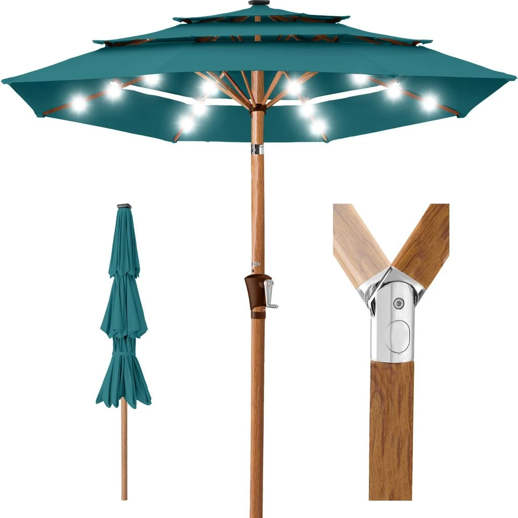 Best Choice Products Woodgrain Pattern 10ft 3-Tier Solar Patio Umbrella w/ 24 LED Lights, Tilt