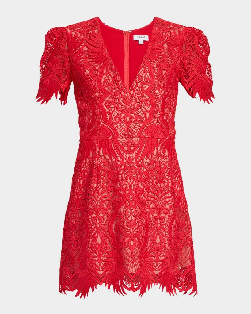 chinese dress ladies Women's Ismene Mini Dress in Unlined Lace Red, S , Bodycon , Scoop Neckline Red