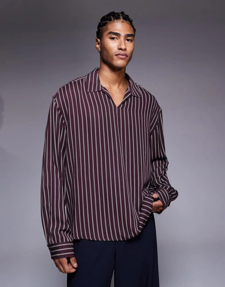 ASOS ASOS DESIGN boxy oversized overhead shirt in burgundy stripe 1