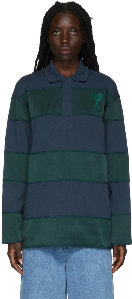 AMI SSENSE Exclusive Navy & Green Rugby Polo 1