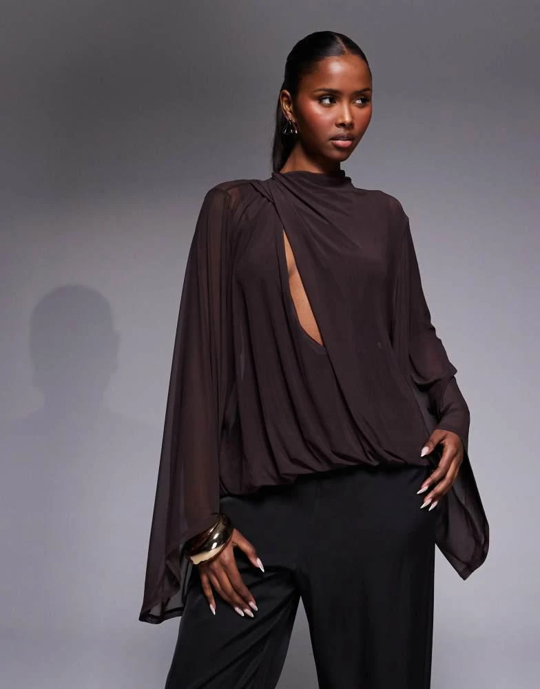 ASOS ASOS DESIGN cowl drape blouson mesh top in chocolate