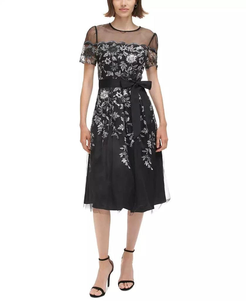 Eliza J Petite Embroidered Illusion Fit & Flare Dress 1
