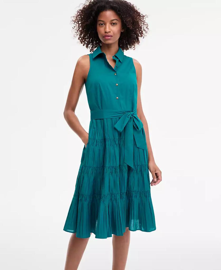 Anne Klein Petite Cotton Belted Pleated Tiered Shirtdress