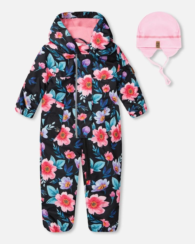 Deux par Deux Baby Mid-Season One-Piece Outerwear with Hat Black Printed Flowers