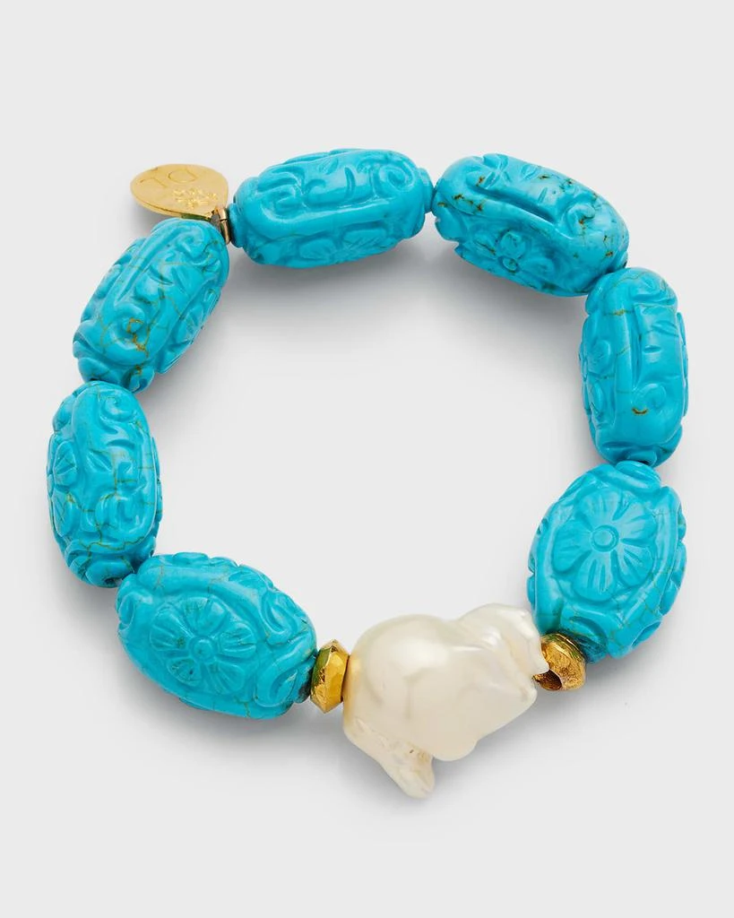 Devon Leigh Pearl and Carved Turquoise-Colored Stretch Bracelet