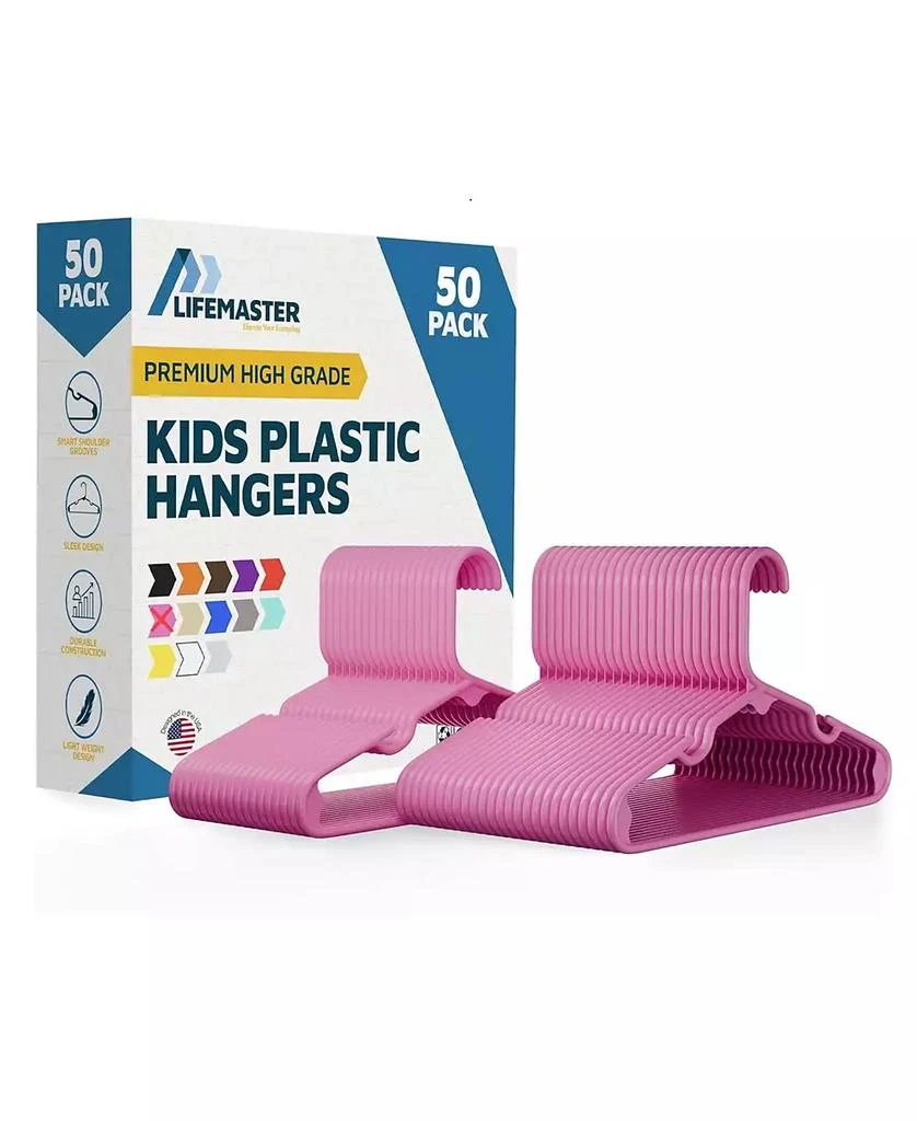 Lifemaster Kids Plastic Hangers, Pink, 11.6", with shoulder notches, space-saving, hold 5 lbs, ideal for baby, toddler 
kids  clothes, 50-pack.