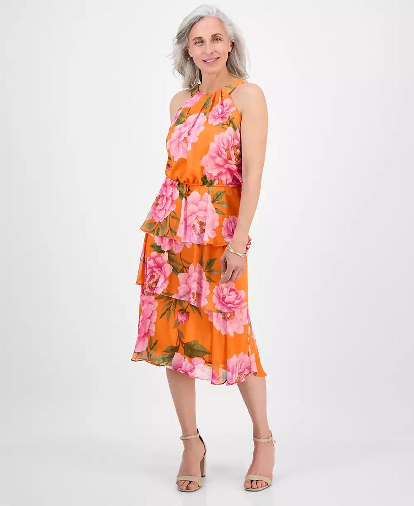 Robbie Bee Petite Tiered Floral-Print Halter Midi Dress
