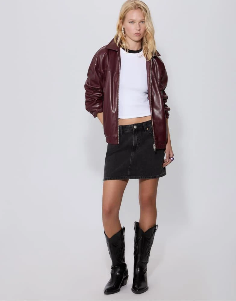 Shop Stradivarius Oversize faux leather jacket in burgundy on Sale